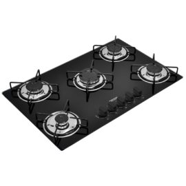 Cooktop a gas Tramontina de vidrio templado negro y rejillas de acero al carbono, con encendido automático y 5 quemadores.