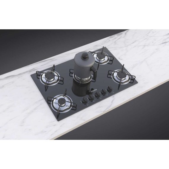 Cooktop a gas Tramontina de vidrio templado negro y rejillas de acero al carbono, con encendido automático y 5 quemadores.