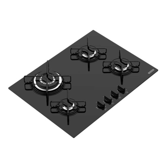 Cooktop a gas Tramontina de vidrio templado negro y rejillas de acero al carbono, con encendido automático y 4 quemadores.