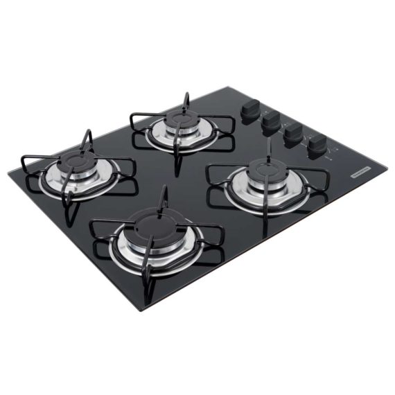 Cooktop a gas Tramontina de vidrio templado negro y rejillas de acero al carbono, con encendido automático y 4 quemadores.