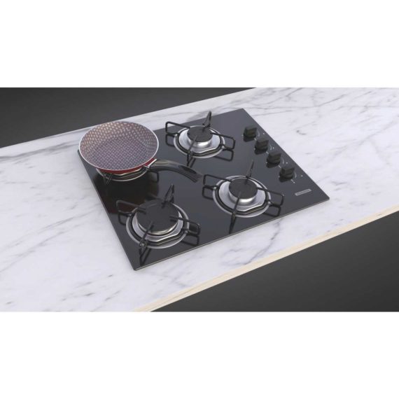 Cooktop a gas Tramontina de vidrio templado negro y rejillas de acero al carbono, con encendido automático y 4 quemadores.