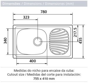 "93840/600 LAVAPLATO ALPHA CUBETA SIMPLE + ESCURRIDOR 780X435mm"